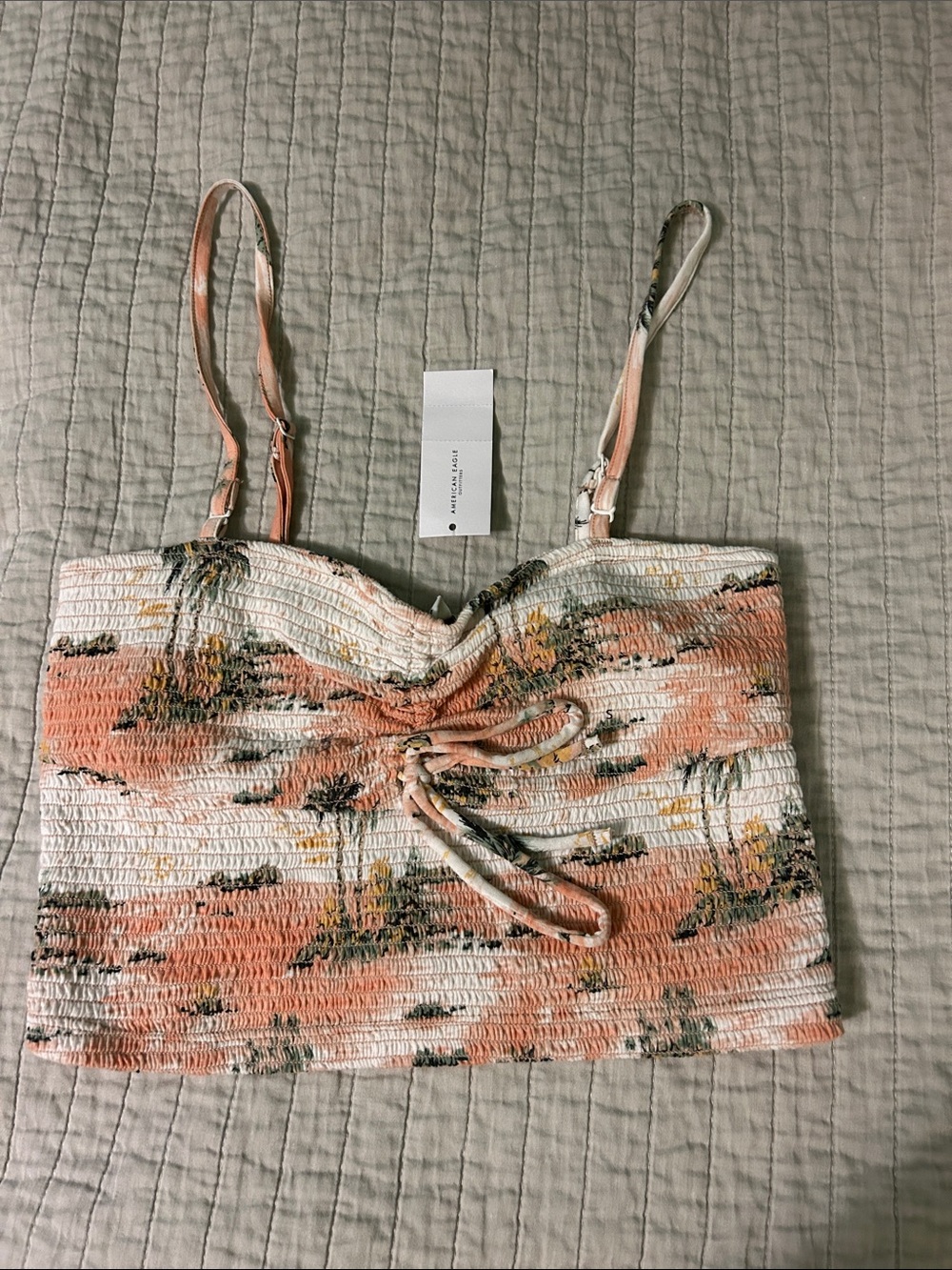 American Eagle Outfitters Tie-Front Smocked Tropical Print Crop Top